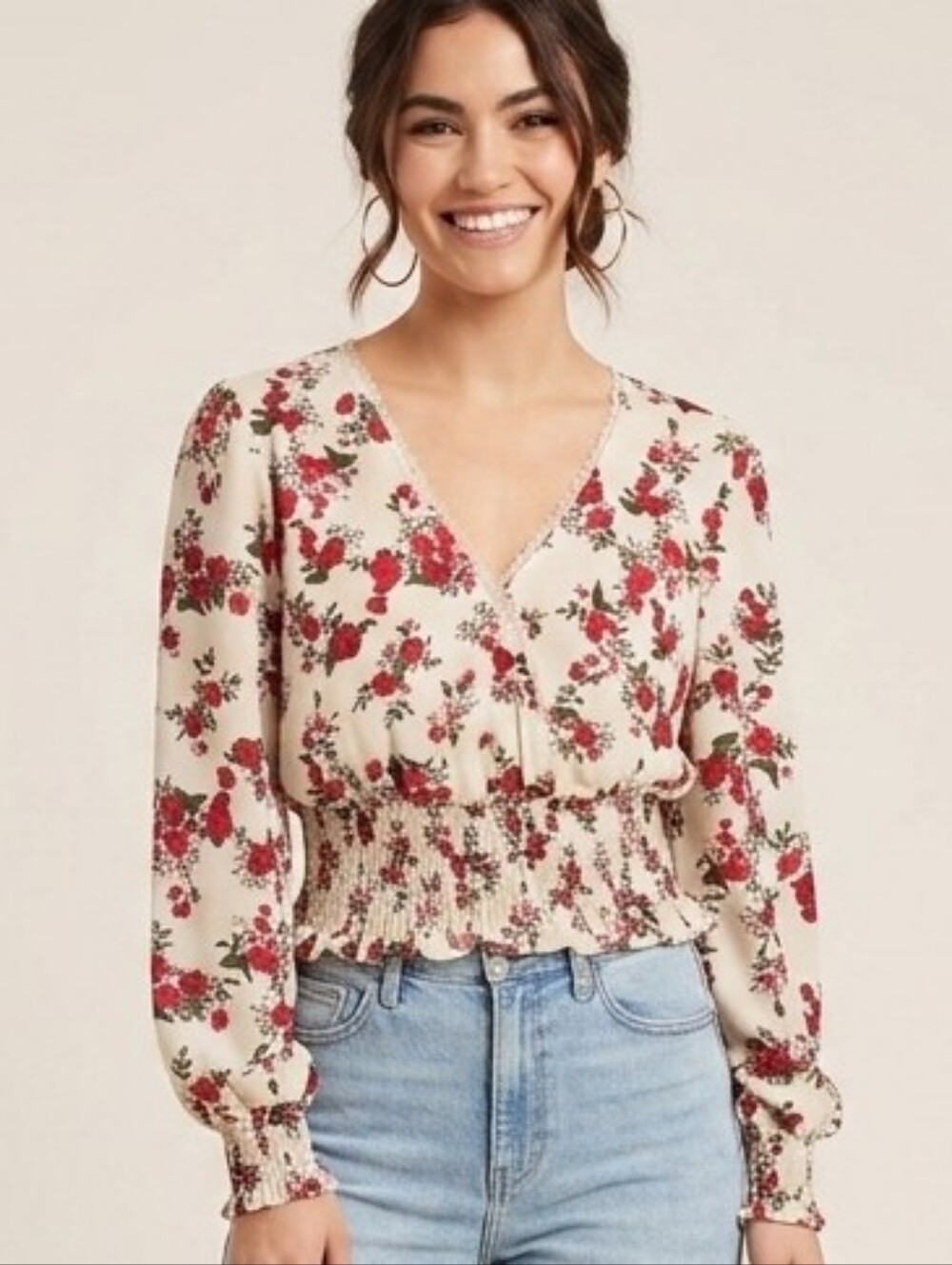 Self Esteem Cream Blouse with Red Floral Print